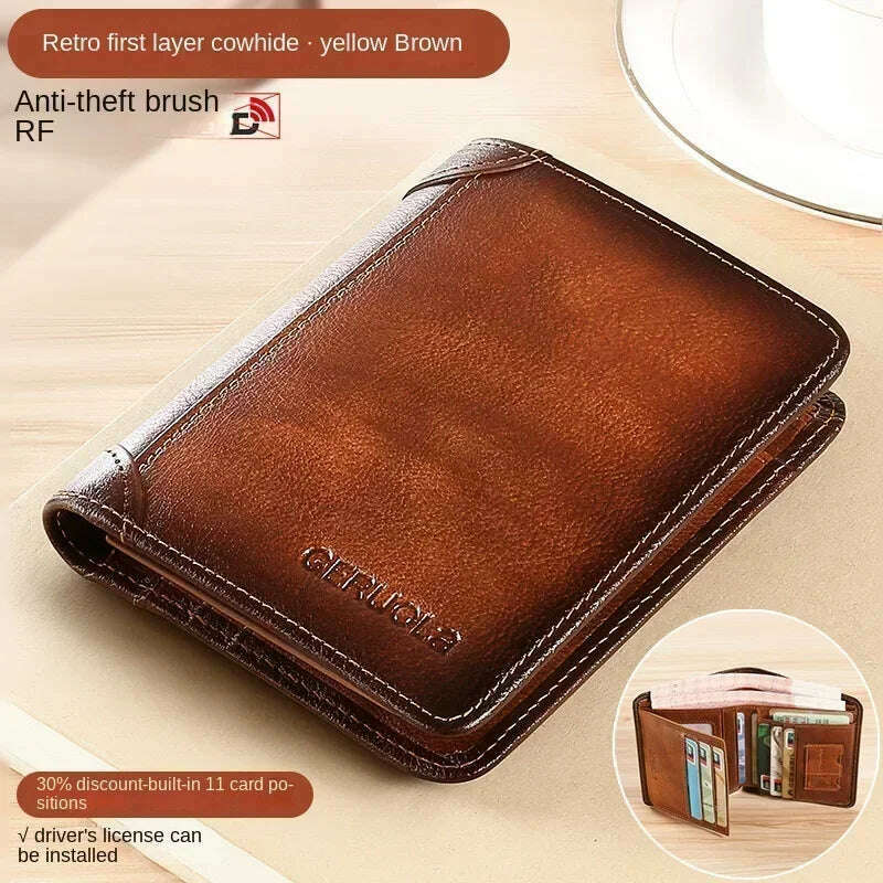 KIMLUD, Men Wallet Genuine Leather Rfid Blocking Trifold Wallet Vintage Thin Short Multi Function ID Credit Card Holder Male Purse Money, Brown-3, KIMLUD Womens Clothes