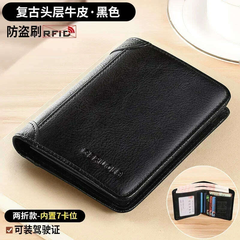 KIMLUD, Men Wallet Genuine Leather Rfid Blocking Trifold Wallet Vintage Thin Short Multi Function ID Credit Card Holder Male Purse Money, Black-2, KIMLUD Womens Clothes