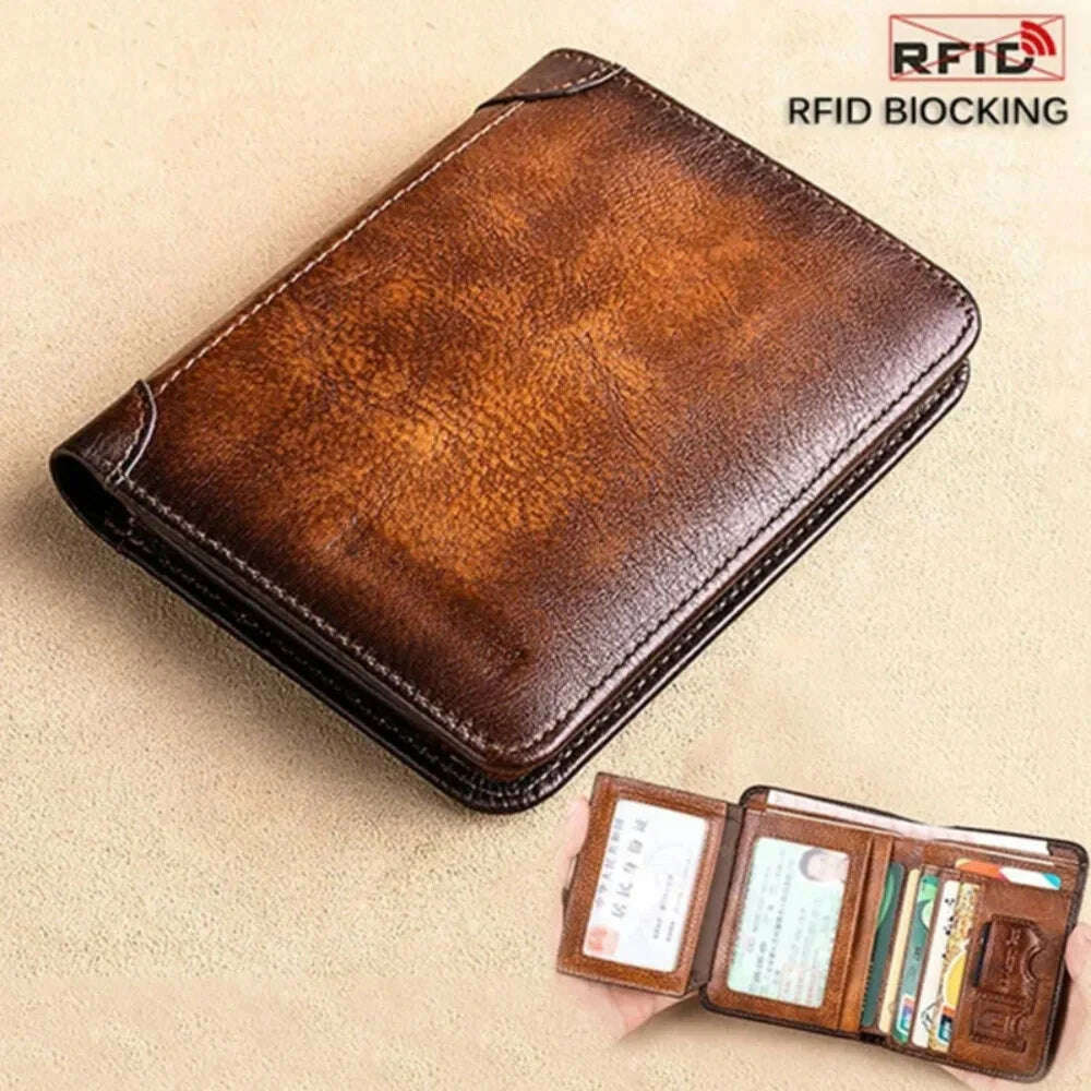 KIMLUD, Men Wallet Genuine Leather Rfid Blocking Trifold Wallet Vintage Thin Short Multi Function ID Credit Card Holder Male Purse Money, KIMLUD Womens Clothes