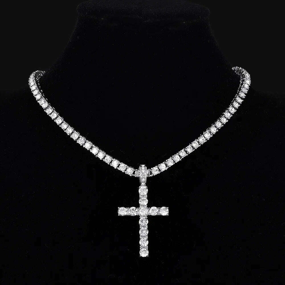 KIMLUD, Men Women Hip Hop Cross Pendant Necklace With 4mm Zircon Tennis Chain Iced Out Exquisite Bling Jewelry Fashion Trendy Creative, KIMLUD Womens Clothes