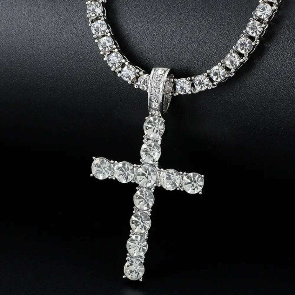 KIMLUD, Men Women Hip Hop Cross Shiny Pendant With 4mm Zircon Tennis Chain Charm Iced Out Bling Exquisite Necklace Jewelry Fashion Gift, KIMLUD Womens Clothes