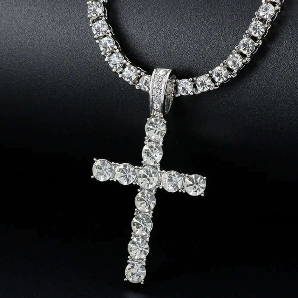Men Women Hip Hop Cross Shiny Pendant With 4mm Zircon Tennis Chain Charm Iced Out Bling Exquisite Necklace Jewelry Fashion Gift - KIMLUD