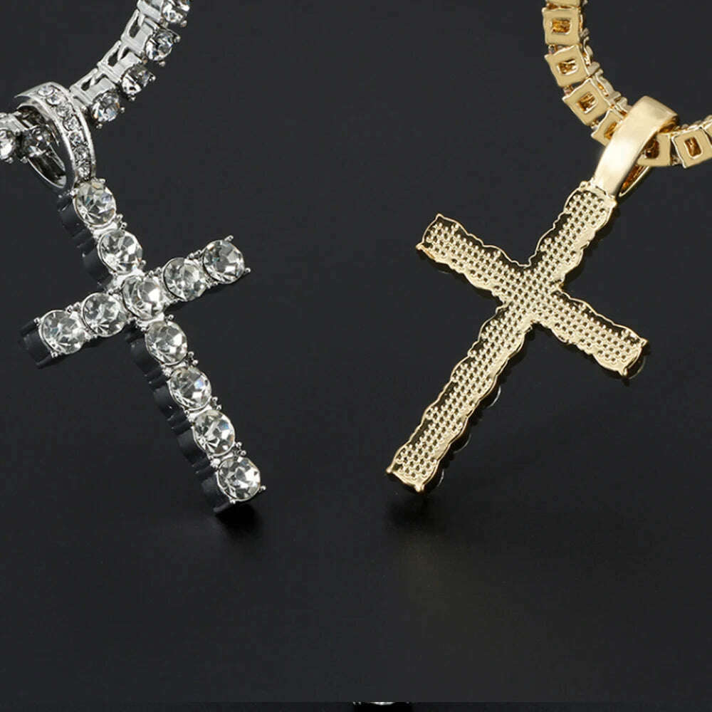 Men Women Hip Hop Cross Shiny Pendant With 4mm Zircon Tennis Chain Charm Iced Out Bling Exquisite Necklace Jewelry Fashion Gift - KIMLUD