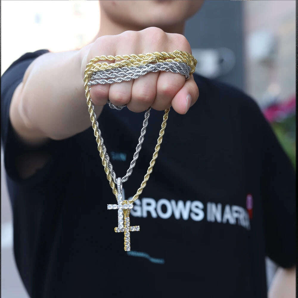 Men Women Hip Hop Cross Shiny Pendant With 4mm Zircon Tennis Chain Charm Iced Out Bling Exquisite Necklace Jewelry Fashion Gift - KIMLUD