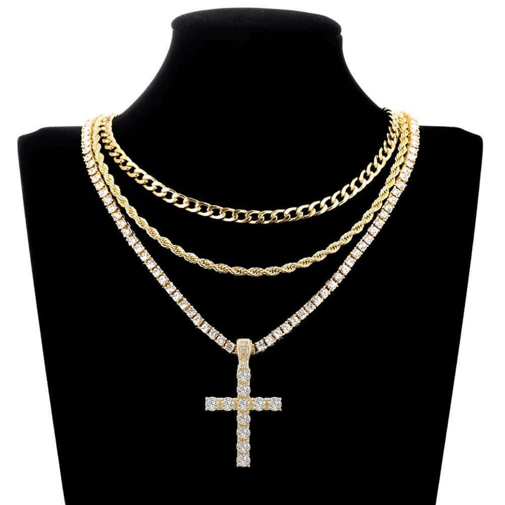 KIMLUD, Men Women Hip Hop Cross Shiny Pendant With 4mm Zircon Tennis Chain Charm Iced Out Bling Exquisite Necklace Jewelry Fashion Gift, KIMLUD Womens Clothes