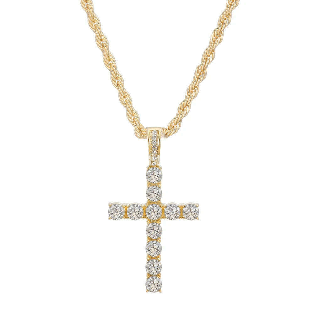 Men Women Hip Hop Cross Shiny Pendant With 4mm Zircon Tennis Chain Charm Iced Out Bling Exquisite Necklace Jewelry Fashion Gift - KIMLUD