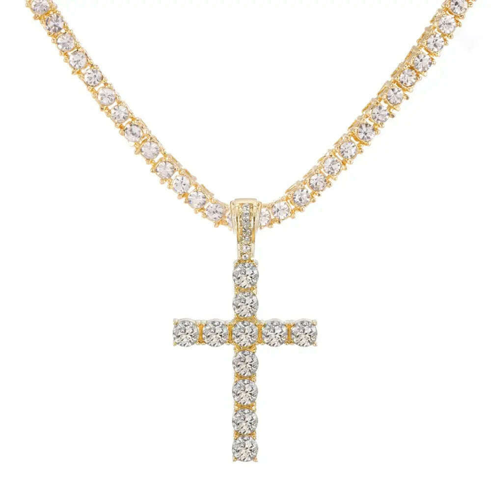 Men Women Hip Hop Cross Shiny Pendant With 4mm Zircon Tennis Chain Charm Iced Out Bling Exquisite Necklace Jewelry Fashion Gift - KIMLUD