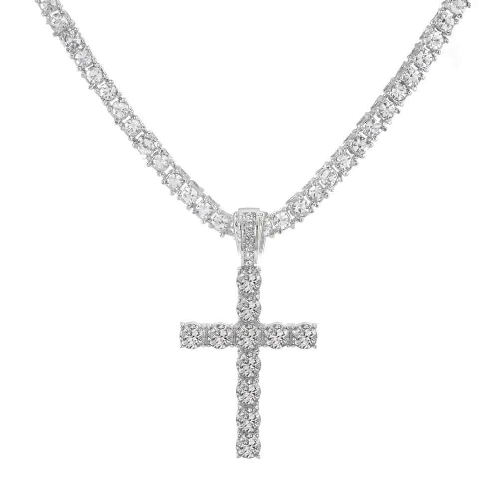 Men Women Hip Hop Cross Shiny Pendant With 4mm Zircon Tennis Chain Charm Iced Out Bling Exquisite Necklace Jewelry Fashion Gift - KIMLUD