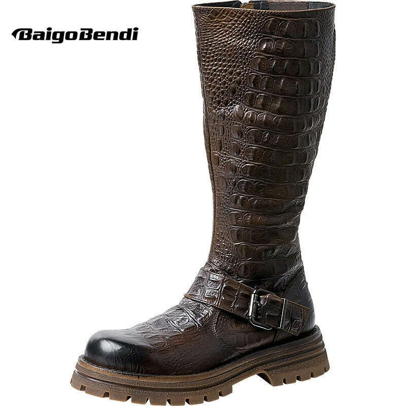 KIMLUD, Men&#39;s Genuine Leather Zipper Knight Knee-high Chelsea Riding Long Boots Man First Layer Cowhide Retro  Buckle Belt Winter Shoes, KIMLUD Womens Clothes
