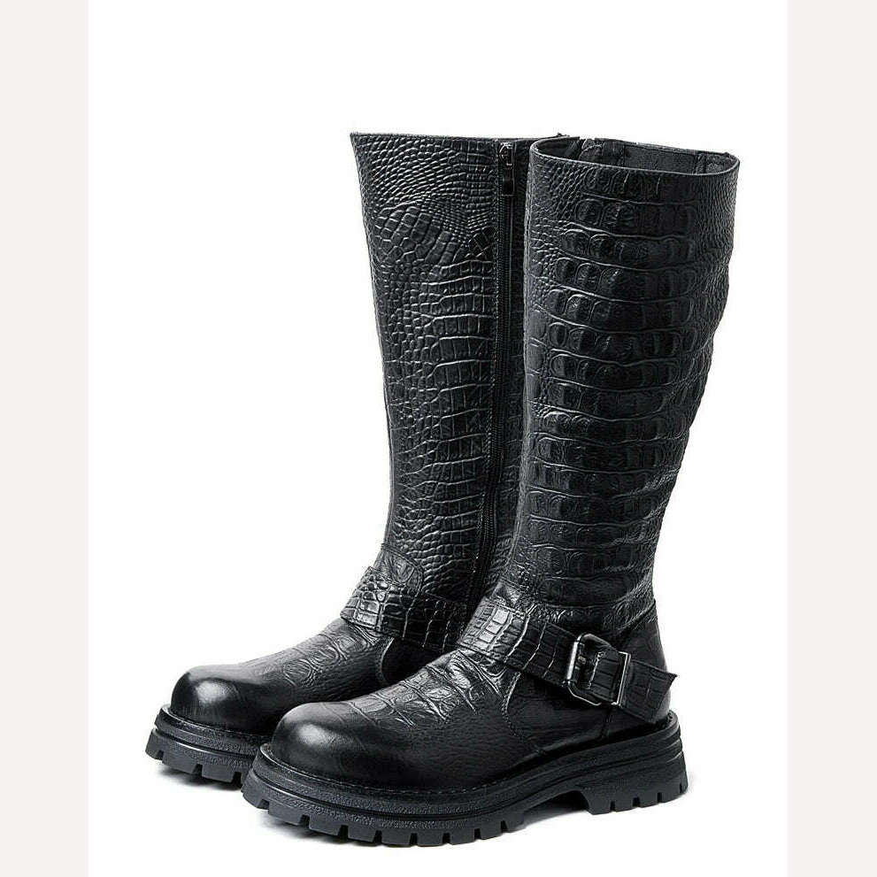 KIMLUD, Men&#39;s Genuine Leather Zipper Knight Knee-high Chelsea Riding Long Boots Man First Layer Cowhide Retro  Buckle Belt Winter Shoes, KIMLUD Womens Clothes