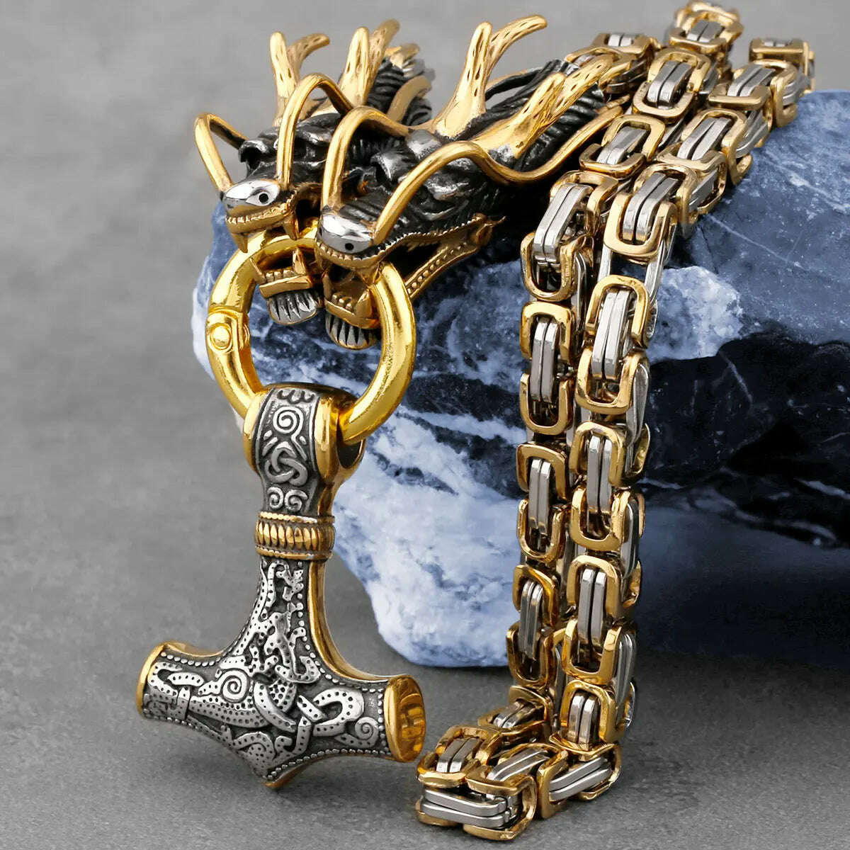 Men&#39;s Stainless Steel Viking Thor&#39;s Hammer Pendant Gold Dragon Head Square Necklace Hip Hop Biker Fashion Jewelry Gift Wholesale, KIMLUD Women's Clothes