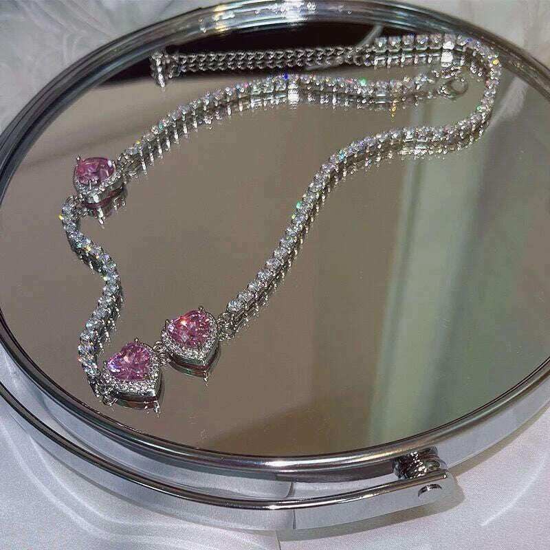 MENGJIQIAO Korean Trendy Sweet Pink Crystal Heart Necklace For Women Girls Elegant Zircon Snake Chain Choker Collares Jewelry, 3 heart, KIMLUD Women's Clothes