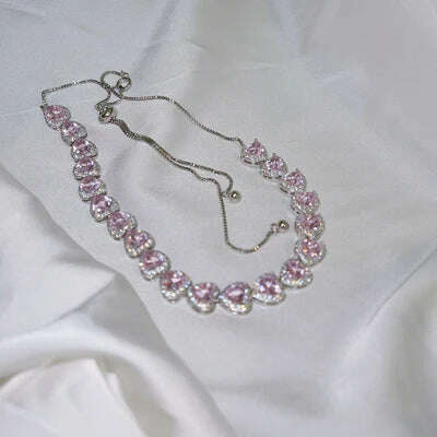 MENGJIQIAO Korean Trendy Sweet Pink Crystal Heart Necklace For Women Girls Elegant Zircon Snake Chain Choker Collares Jewelry, pink heart, KIMLUD Women's Clothes