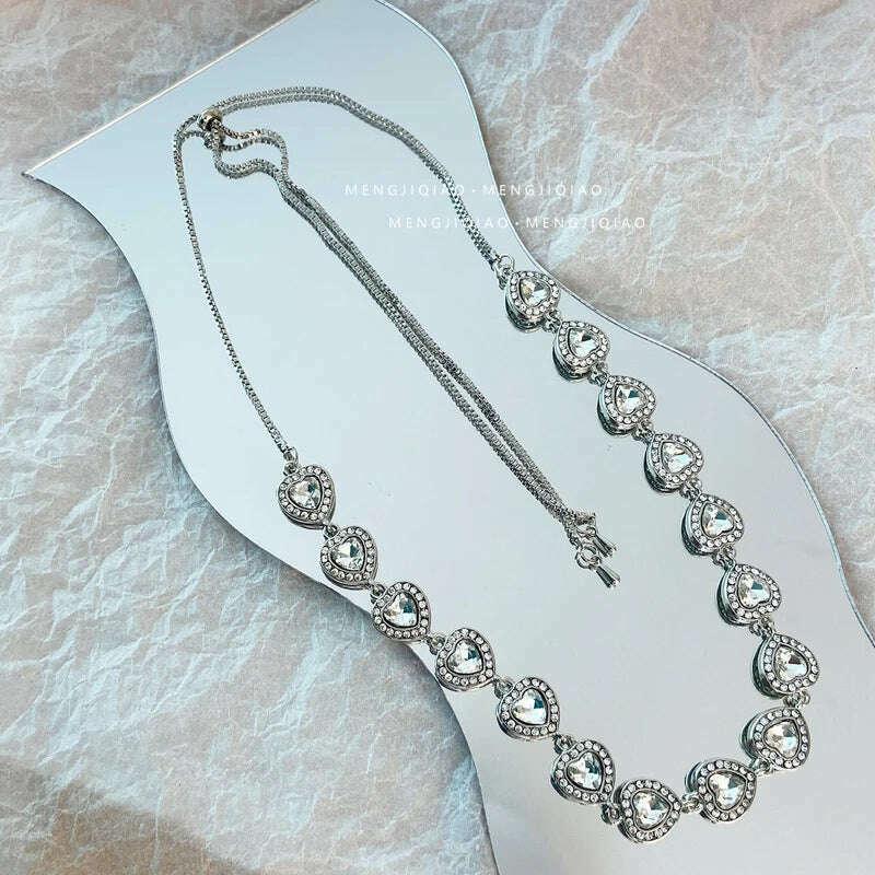 MENGJIQIAO Korean Trendy Sweet Pink Crystal Heart Necklace For Women Girls Elegant Zircon Snake Chain Choker Collares Jewelry, white heart, KIMLUD Women's Clothes
