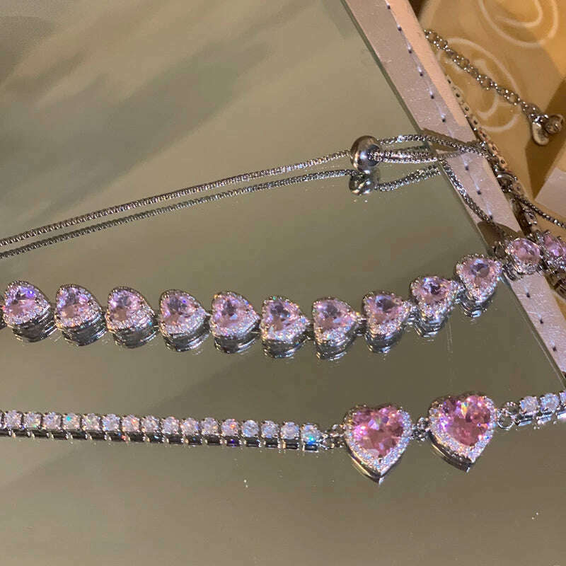 MENGJIQIAO Korean Trendy Sweet Pink Crystal Heart Necklace For Women Girls Elegant Zircon Snake Chain Choker Collares Jewelry, KIMLUD Women's Clothes