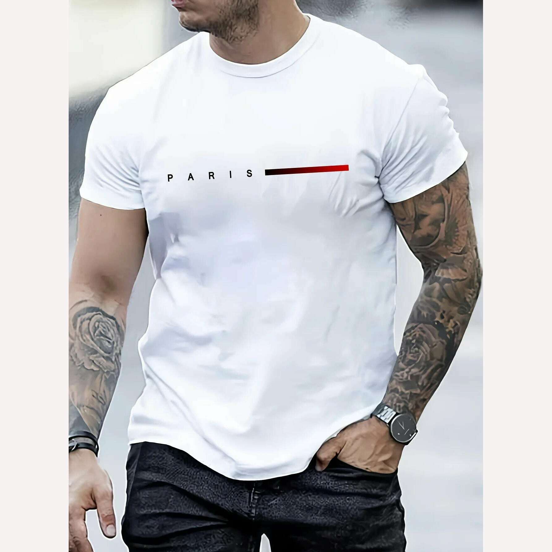Men's 100% cotton summer loose PARIS Creative Letter print casual slim fit round neck short sleeved T-shirt top - KIMLUD