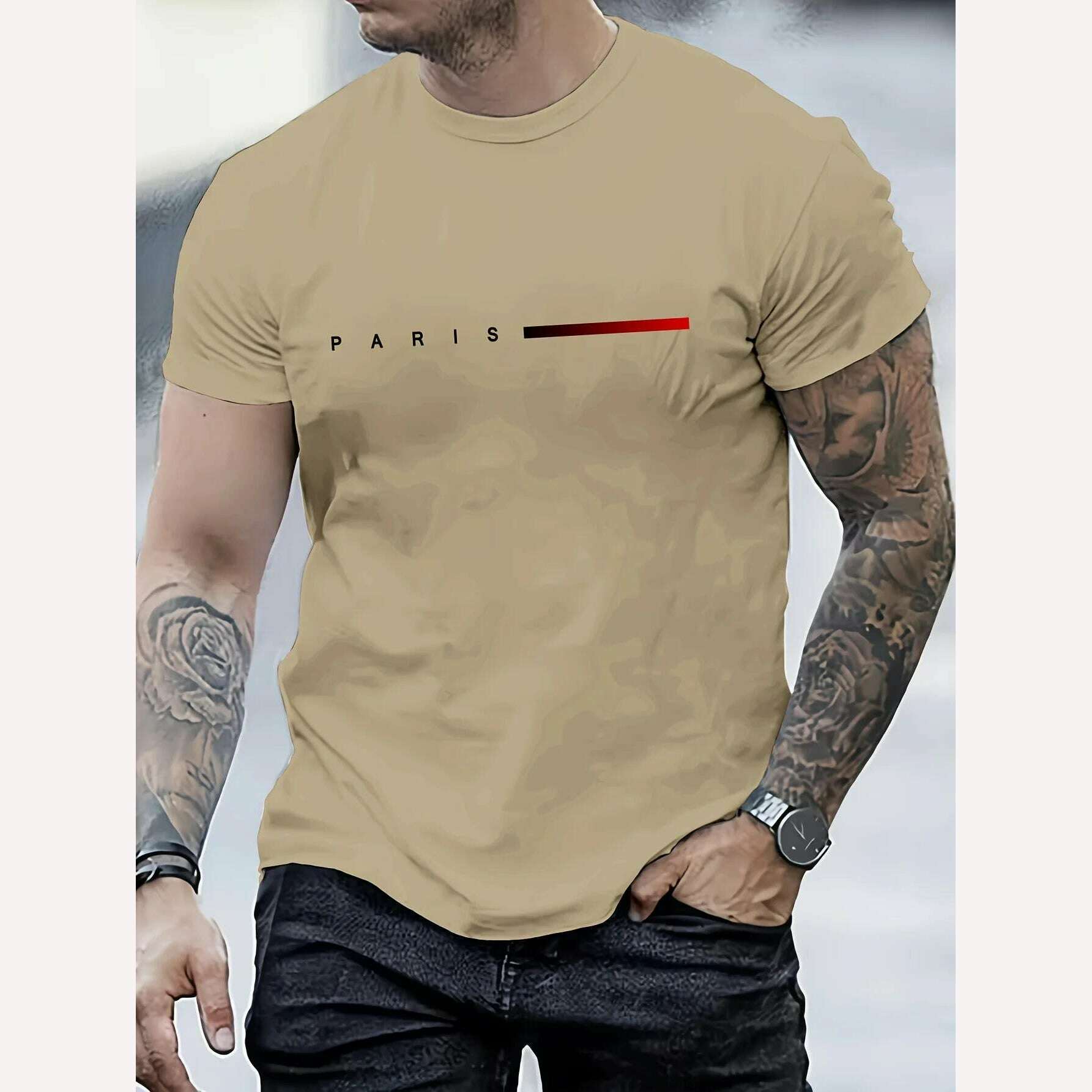 Men's 100% cotton summer loose PARIS Creative Letter print casual slim fit round neck short sleeved T-shirt top - KIMLUD