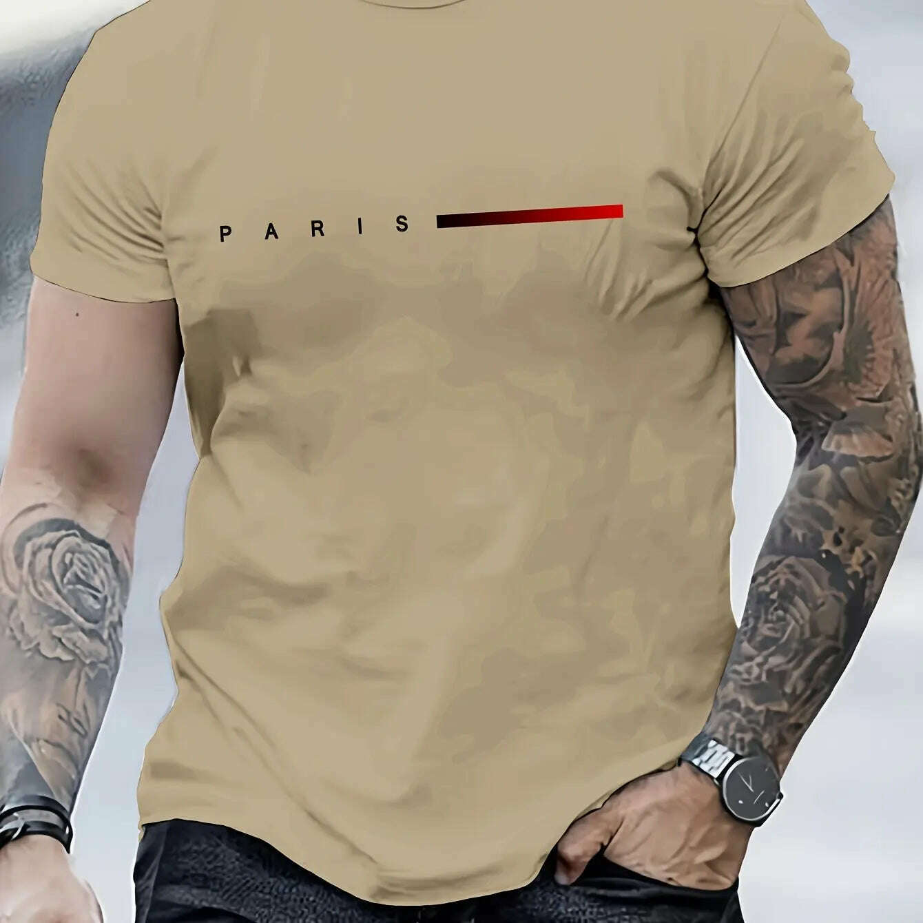 Men's 100% cotton summer loose PARIS Creative Letter print casual slim fit round neck short sleeved T-shirt top - KIMLUD