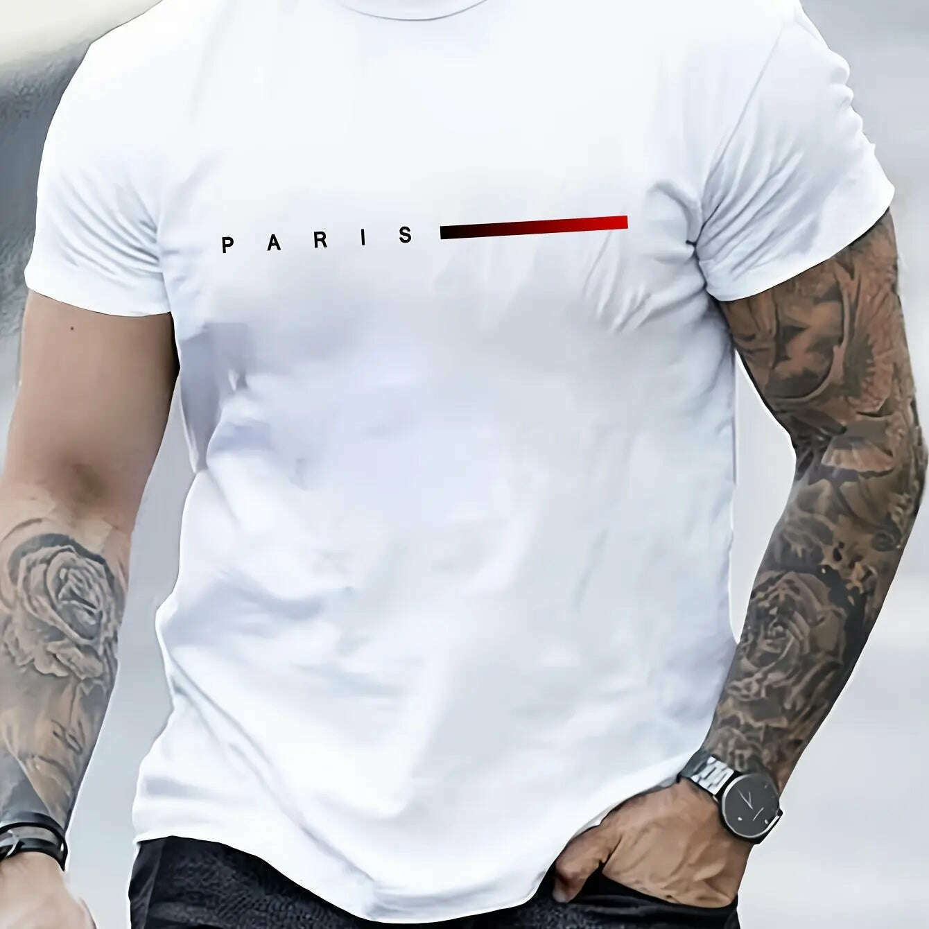 Men's 100% cotton summer loose PARIS Creative Letter print casual slim fit round neck short sleeved T-shirt top - KIMLUD