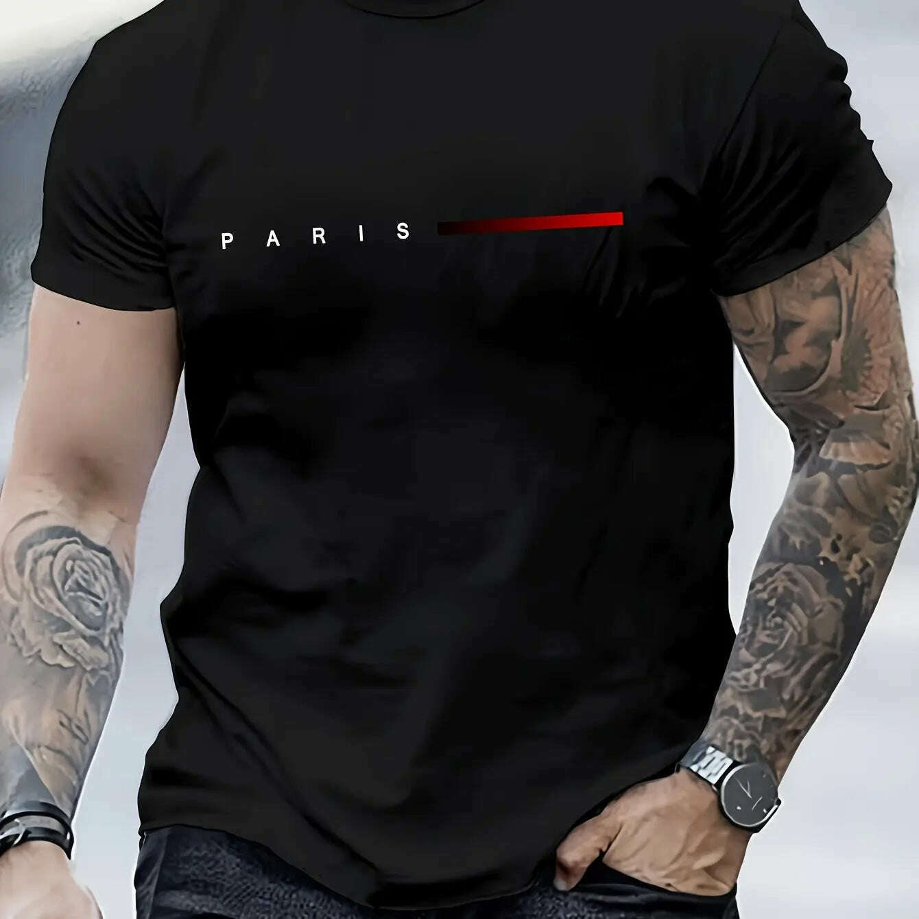 Men's 100% cotton summer loose PARIS Creative Letter print casual slim fit round neck short sleeved T-shirt top - KIMLUD