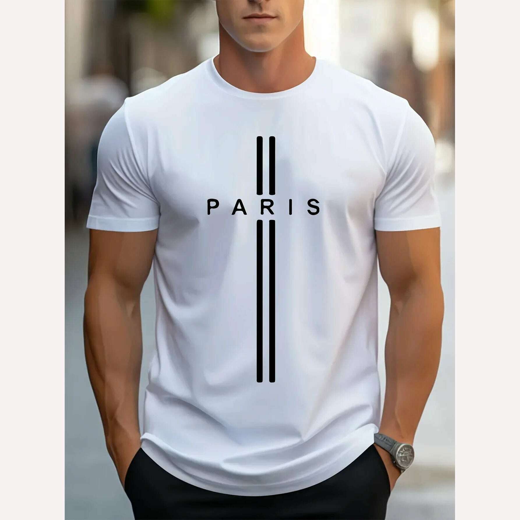Men's 100% pure cotton summer loose fitting oversized Paris print casual slim fit round neck short sleeved T-shirt top - KIMLUD