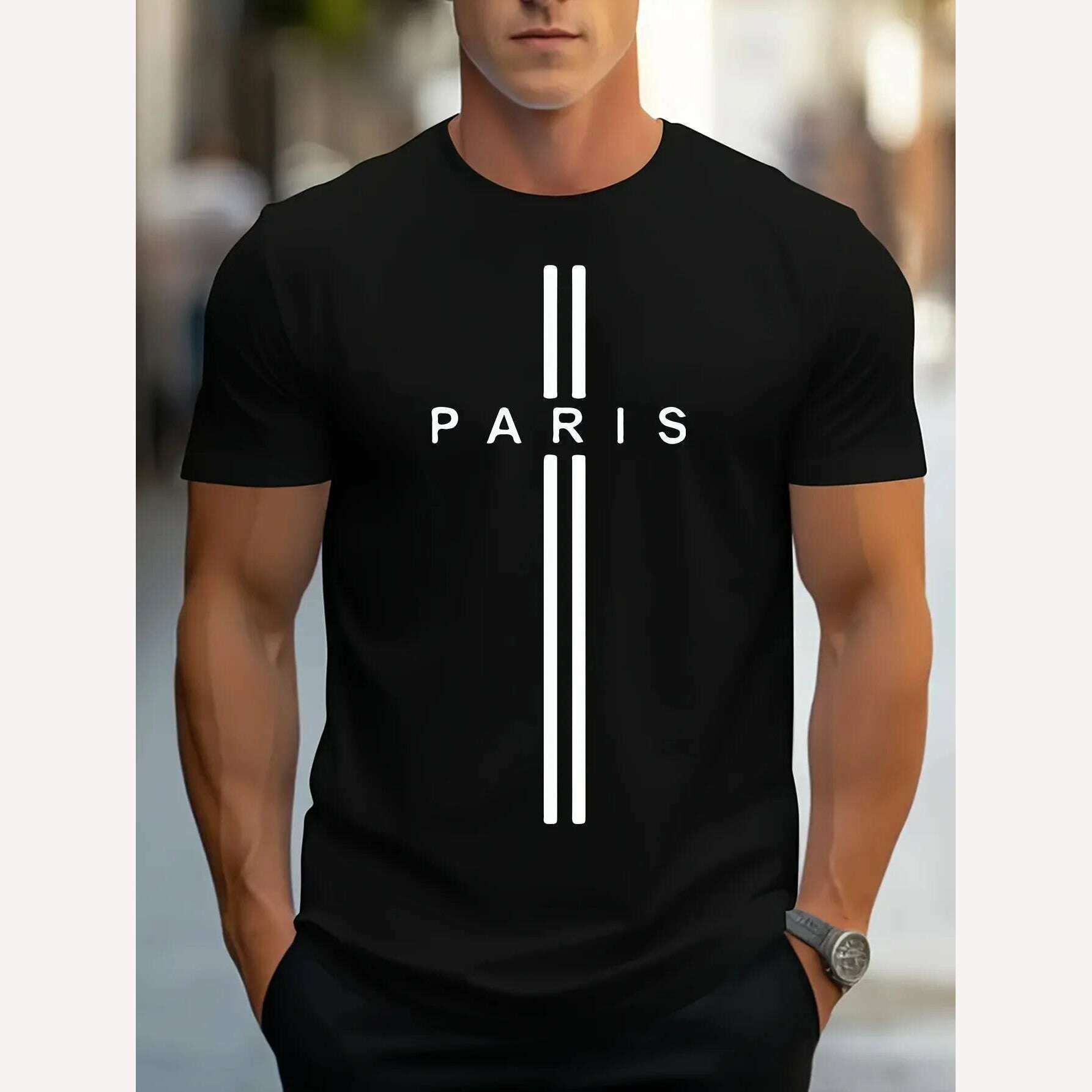 Men's 100% pure cotton summer loose fitting oversized Paris print casual slim fit round neck short sleeved T-shirt top - KIMLUD