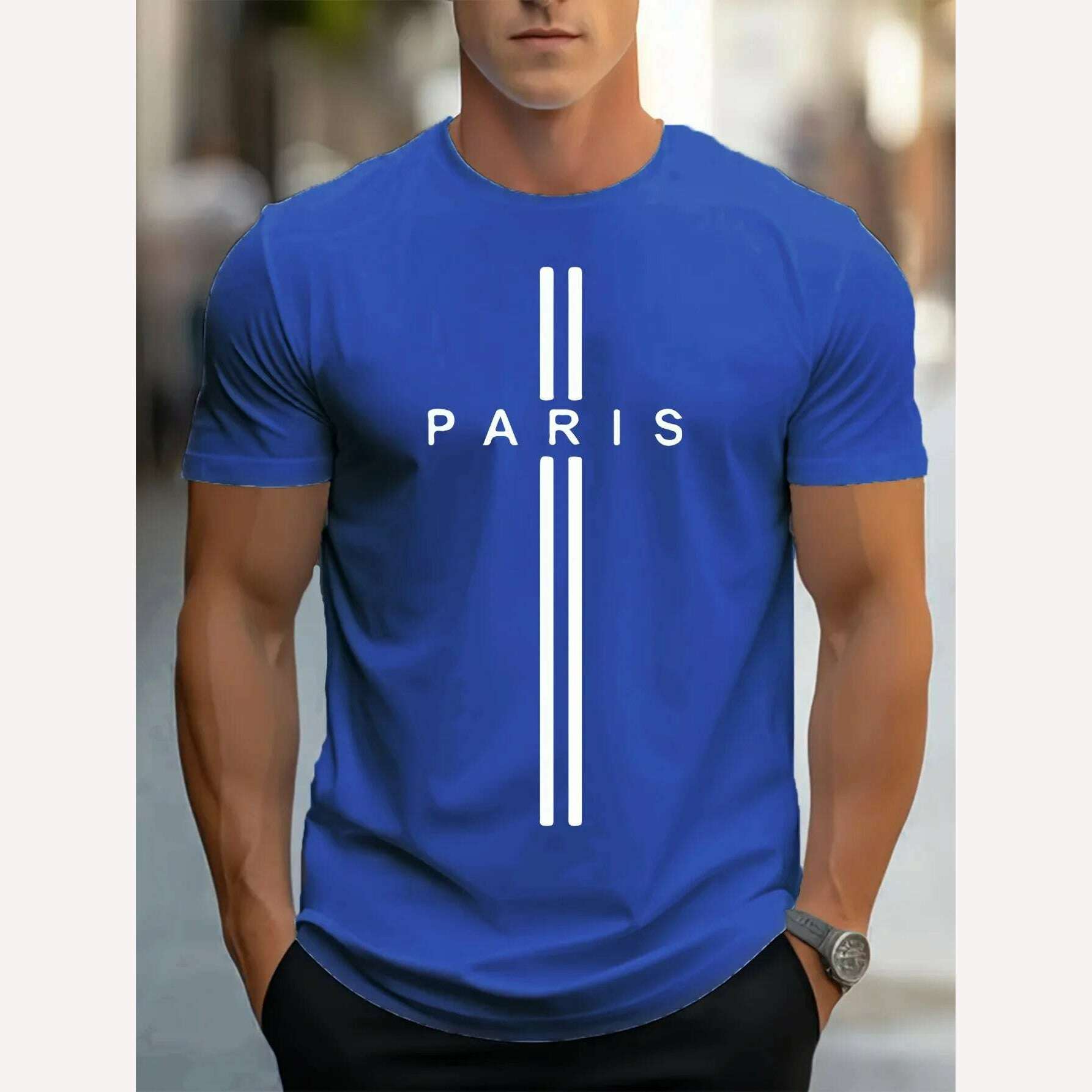 Men's 100% pure cotton summer loose fitting oversized Paris print casual slim fit round neck short sleeved T-shirt top - KIMLUD
