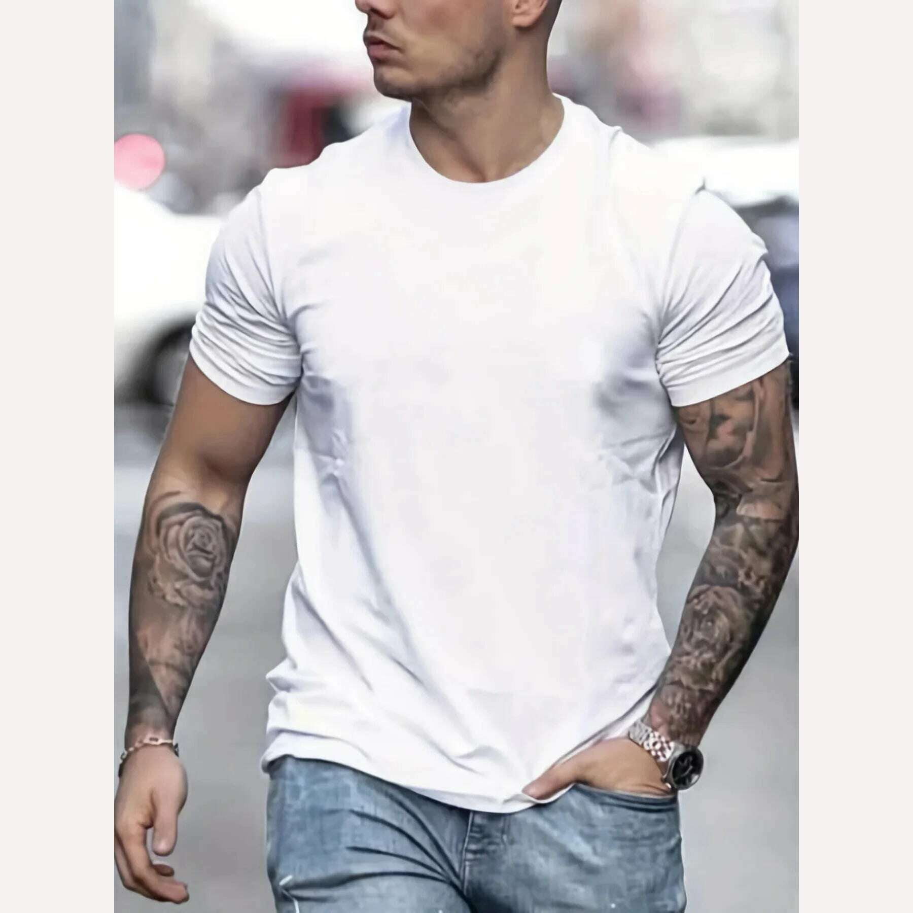 Men's 100% pure cotton summer loose fitting oversized Paris print casual slim fit round neck short sleeved T-shirt top - KIMLUD