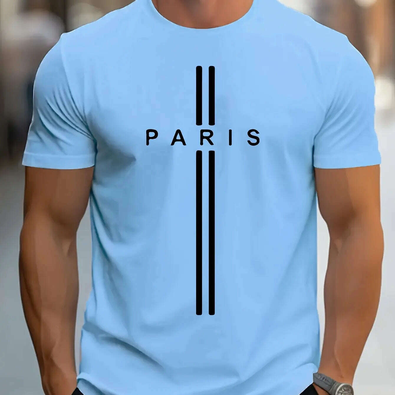 Men's 100% pure cotton summer loose fitting oversized Paris print casual slim fit round neck short sleeved T-shirt top - KIMLUD