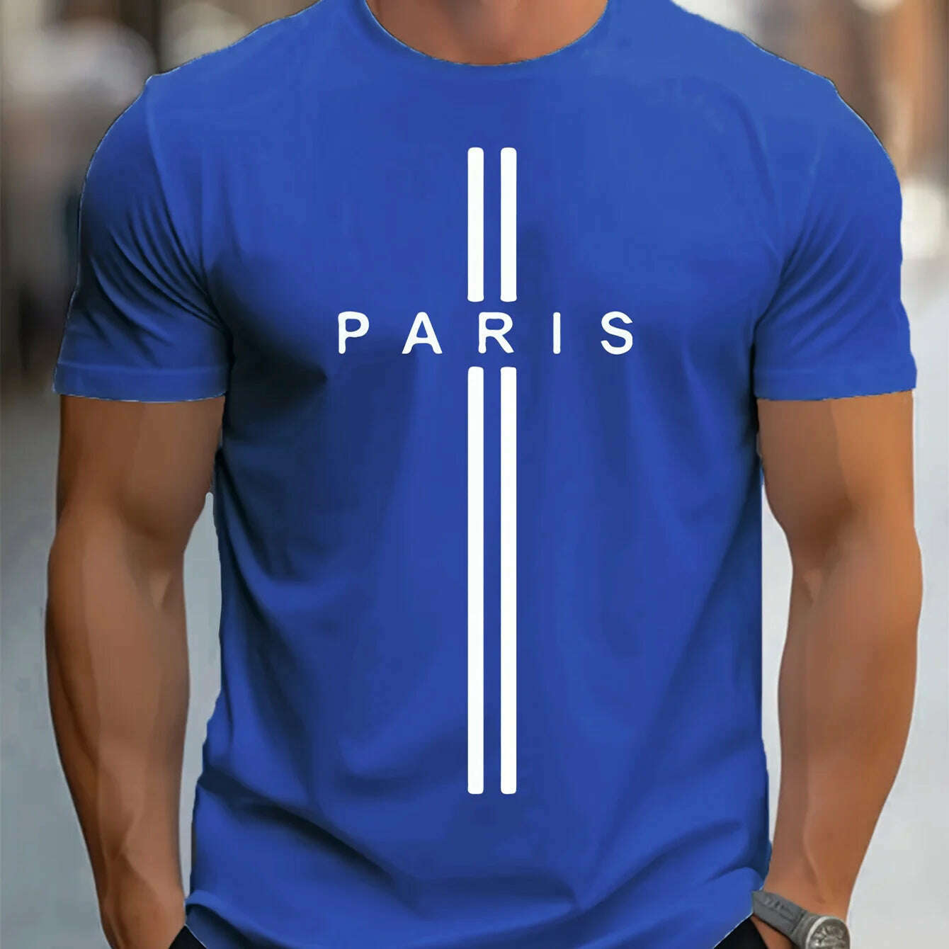Men's 100% pure cotton summer loose fitting oversized Paris print casual slim fit round neck short sleeved T-shirt top - KIMLUD