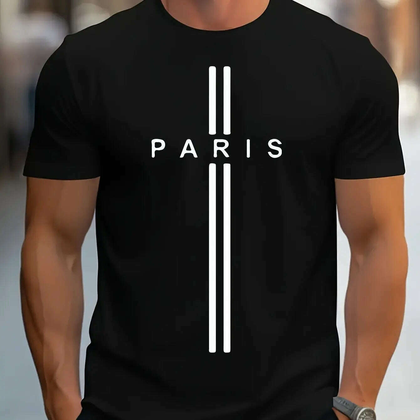 Men's 100% pure cotton summer loose fitting oversized Paris print casual slim fit round neck short sleeved T-shirt top - KIMLUD
