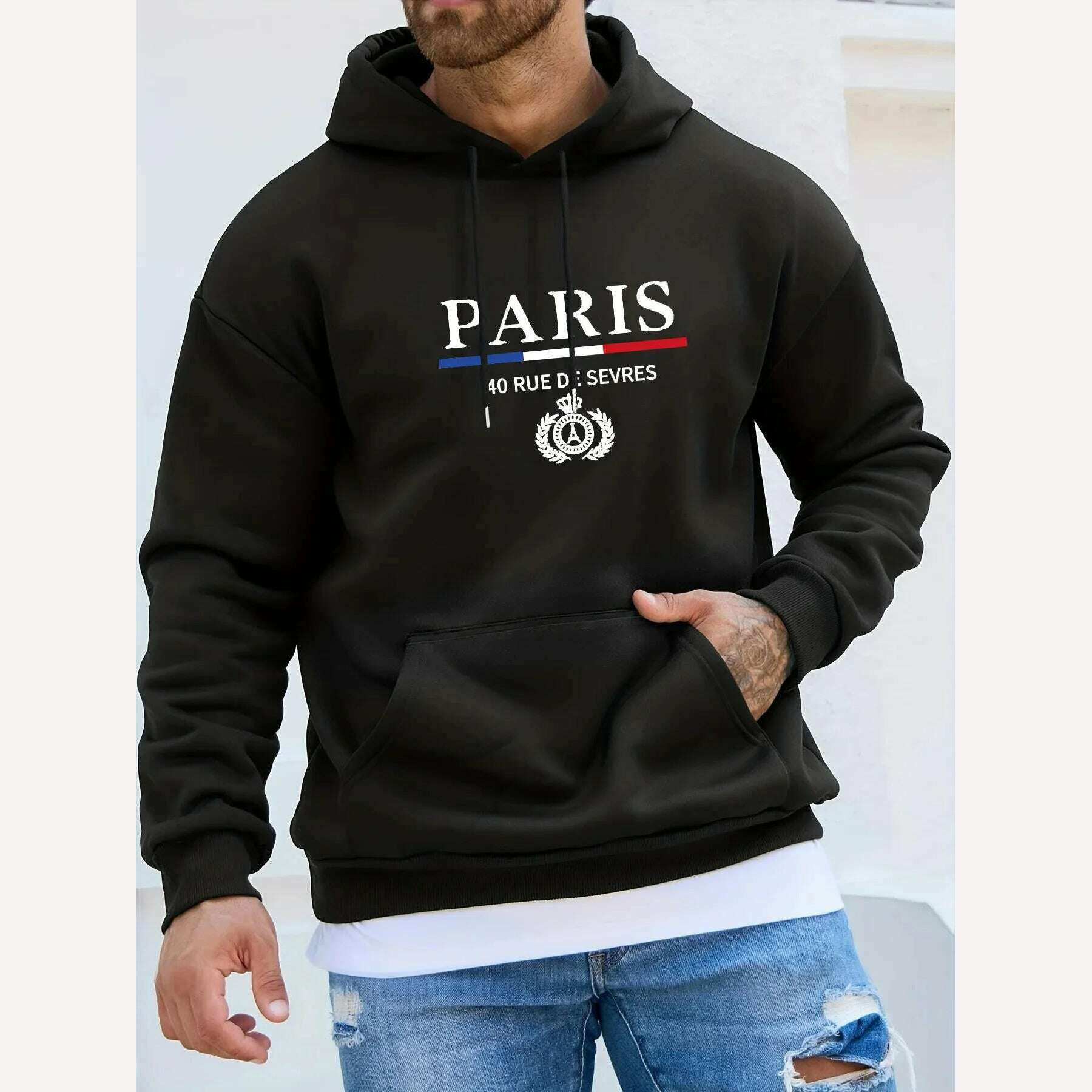 KIMLUD, Men's Autumn Winter Hooded Fashion Sweater Tshirt Tops, A-PARIS-hei / XS, KIMLUD Womens Clothes