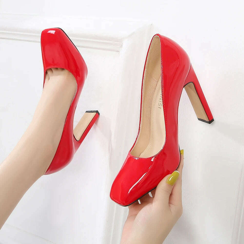 Men's Block Heels Pumps Sexy Drag Queen Red Patent Leather Square Toe Work Party Large Work Court Women Shoes 35-46 - KIMLUD