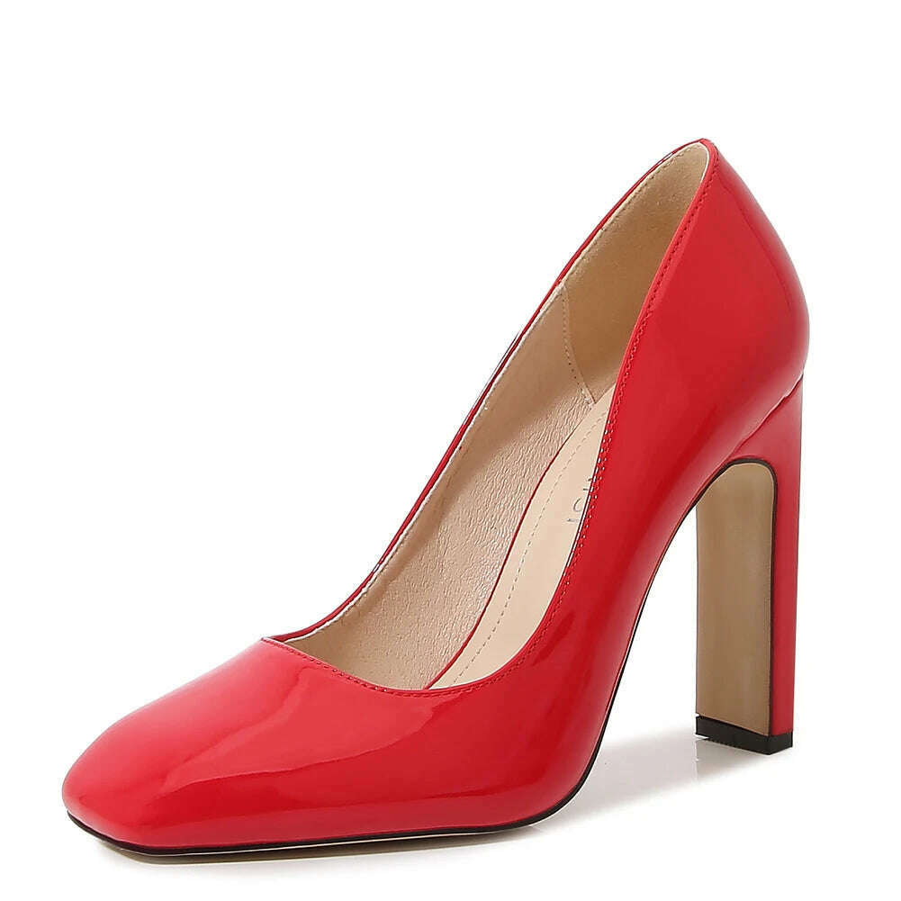 Men's Block Heels Pumps Sexy Drag Queen Red Patent Leather Square Toe Work Party Large Work Court Women Shoes 35-46 - KIMLUD