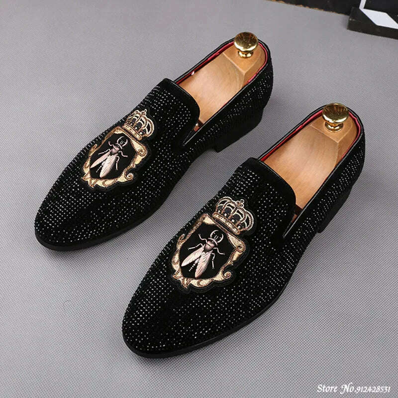 Mens British Rhinestone Embroidery Flats Dress Gentleman Shoes Male Wedding Homecoming Evening Footwear Sapato Social Masculino - KIMLUD