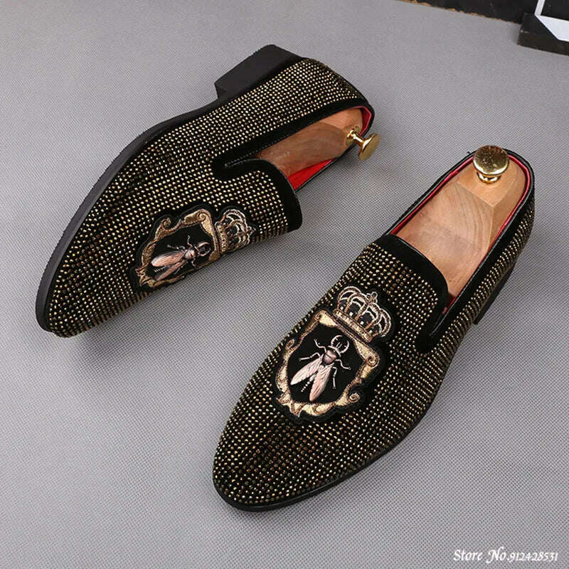Mens British Rhinestone Embroidery Flats Dress Gentleman Shoes Male Wedding Homecoming Evening Footwear Sapato Social Masculino - KIMLUD
