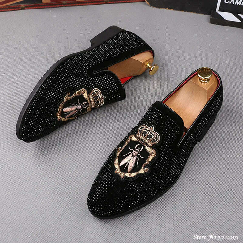 Mens British Rhinestone Embroidery Flats Dress Gentleman Shoes Male Wedding Homecoming Evening Footwear Sapato Social Masculino - KIMLUD
