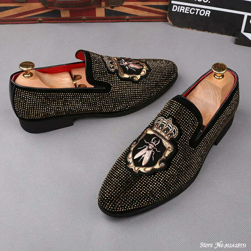 Mens British Rhinestone Embroidery Flats Dress Gentleman Shoes Male Wedding Homecoming Evening Footwear Sapato Social Masculino - KIMLUD