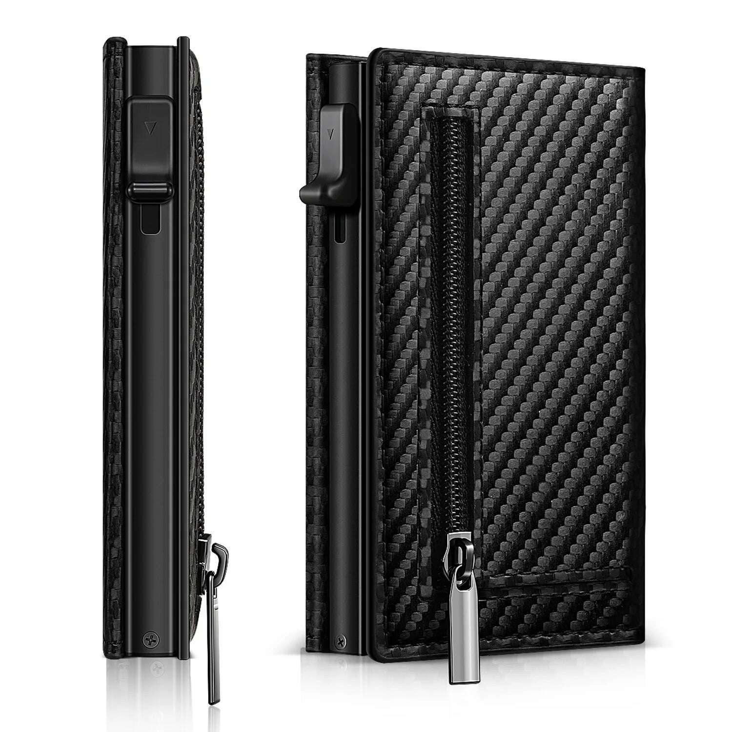 KIMLUD, Men's Carbon Fiber Magnetic Card Holder PU Leather RFID Three-fold Automatic Card Holder With Zipper Coin Purse AirTag Wallet, KIMLUD Womens Clothes