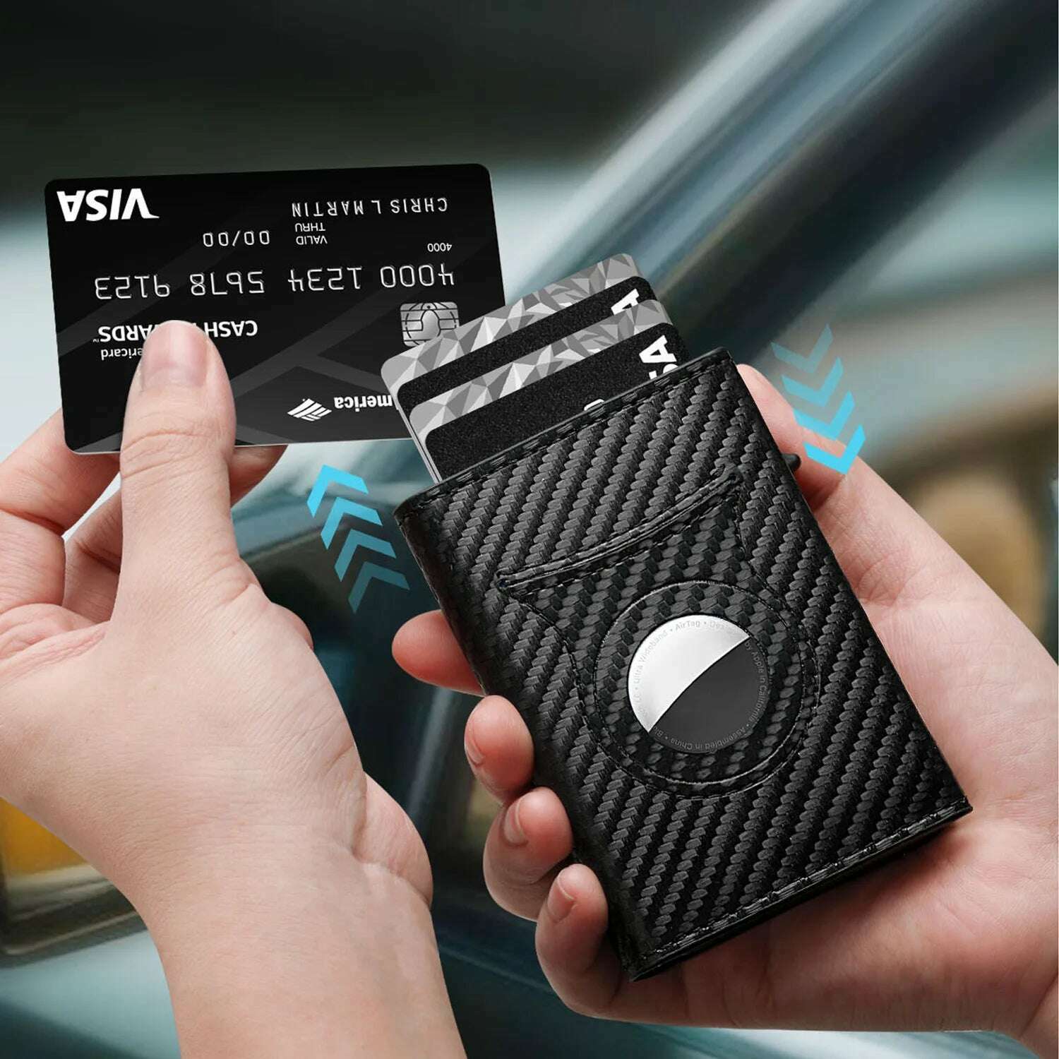 KIMLUD, Men's Carbon Fiber Magnetic Card Holder PU Leather RFID Three-fold Automatic Card Holder With Zipper Coin Purse AirTag Wallet, KIMLUD Womens Clothes
