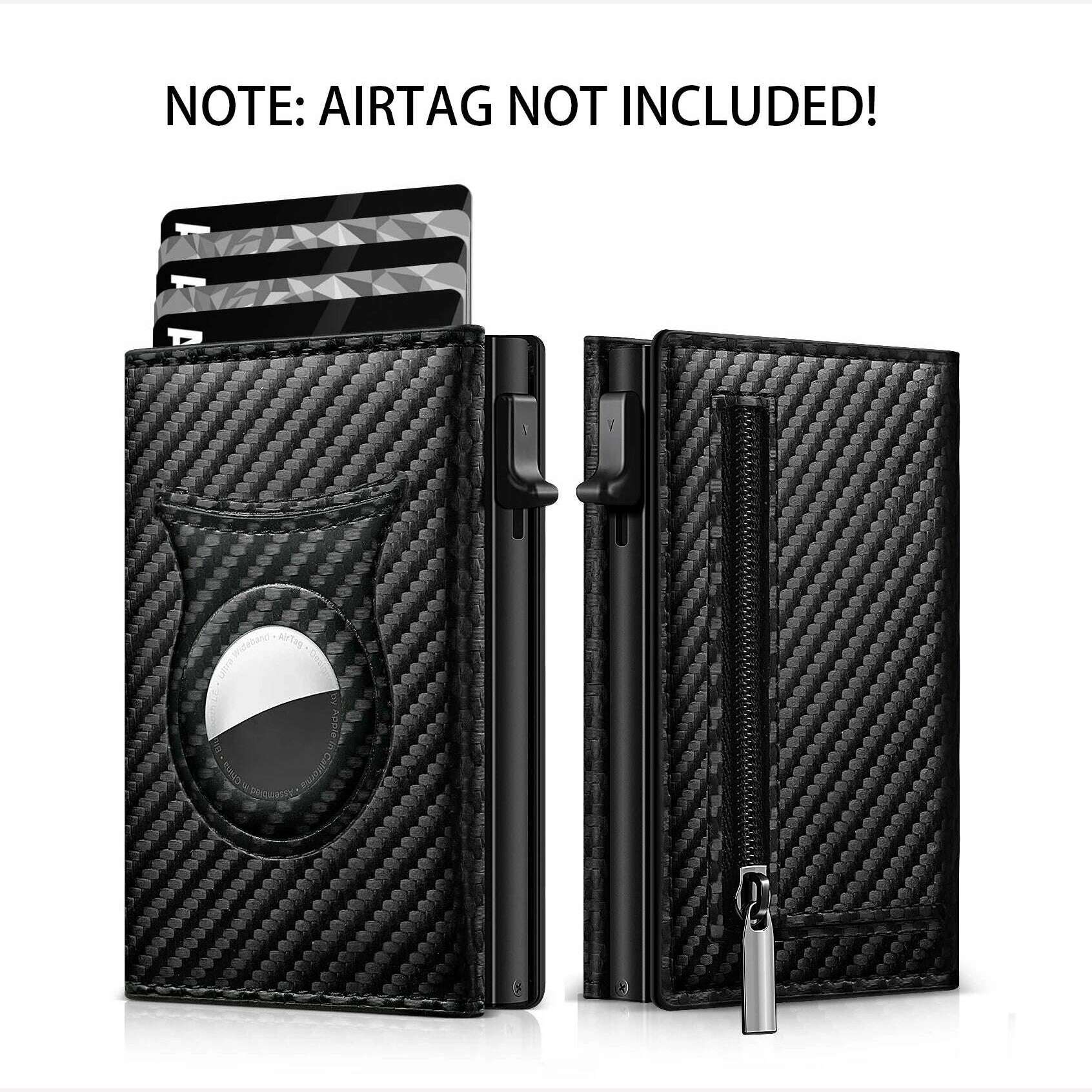 KIMLUD, Men's Carbon Fiber Magnetic Card Holder PU Leather RFID Three-fold Automatic Card Holder With Zipper Coin Purse AirTag Wallet, black carbon fiber, KIMLUD Womens Clothes