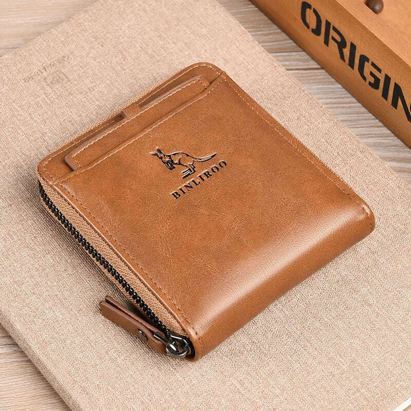 KIMLUD, Men's Coin Purse Wallet Fashion RFID Blocking Man Leather Wallet Zipper Business Card Holder ID Money Bag Wallet Male, 2005 Khaki, KIMLUD Womens Clothes