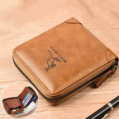 KIMLUD, Men's Coin Purse Wallet Fashion RFID Blocking Man Leather Wallet Zipper Business Card Holder ID Money Bag Wallet Male, 2002 Khaki, KIMLUD Womens Clothes