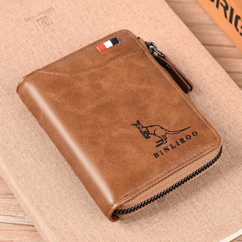 KIMLUD, Men's Coin Purse Wallet Fashion RFID Blocking Man Leather Wallet Zipper Business Card Holder ID Money Bag Wallet Male, 2003 Khaki, KIMLUD Womens Clothes