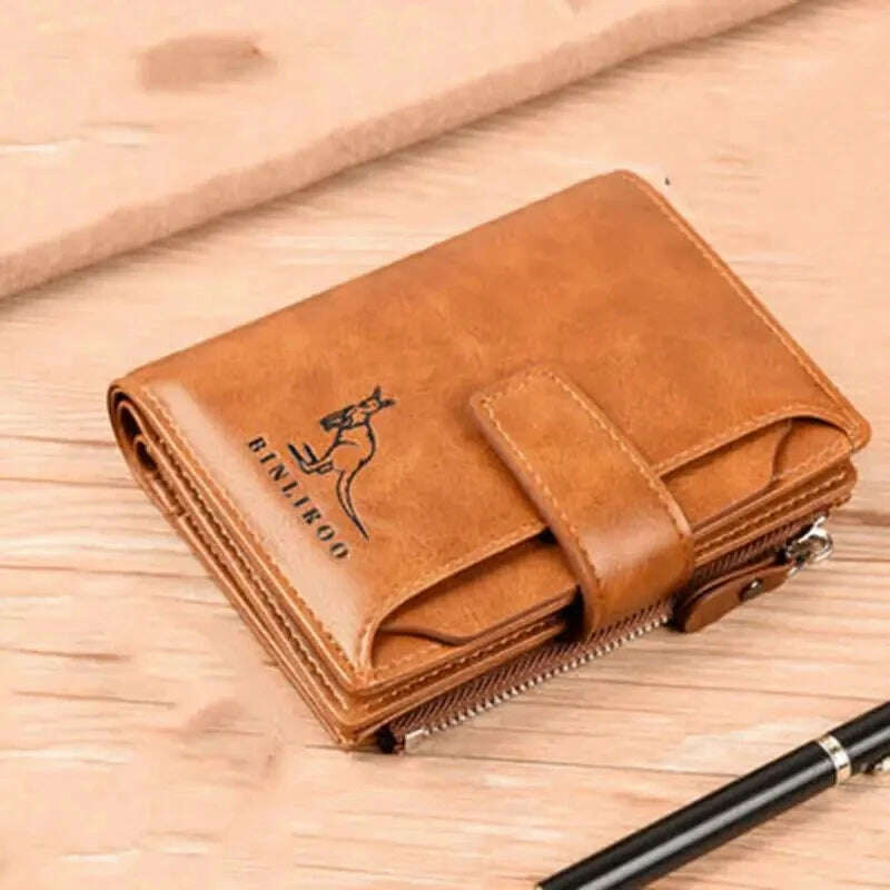 KIMLUD, Men's Coin Purse Wallet RFID Blocking Man PU Leather Wallet Zipper Business Card Holder Money Bag Wallet Male, Khaki, KIMLUD Women's Clothes