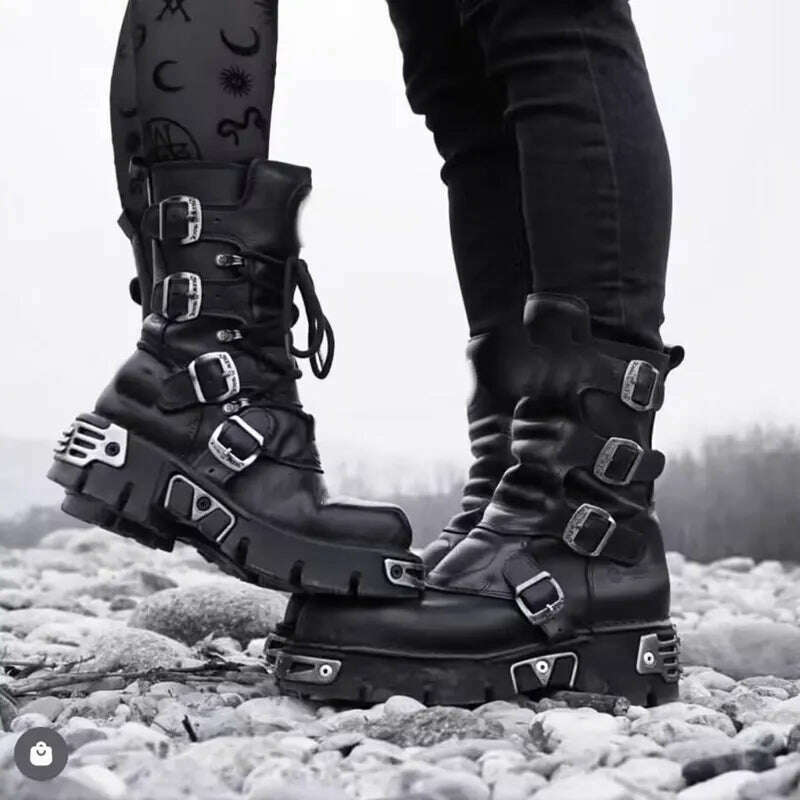 KIMLUD, Men's Fashion Genuine Leather Motorcycle Boots Gothic Skull Punk Boots Design Rock Women Mid-calf Boots Metallic Combat Boot48, KIMLUD Women's Clothes