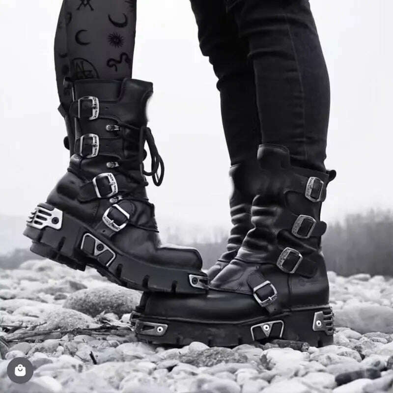 Men's Fashion Genuine Leather Motorcycle Boots Gothic Skull Punk Boots Design Rock Women Mid-calf Boots Metallic Combat Boot48 - KIMLUD