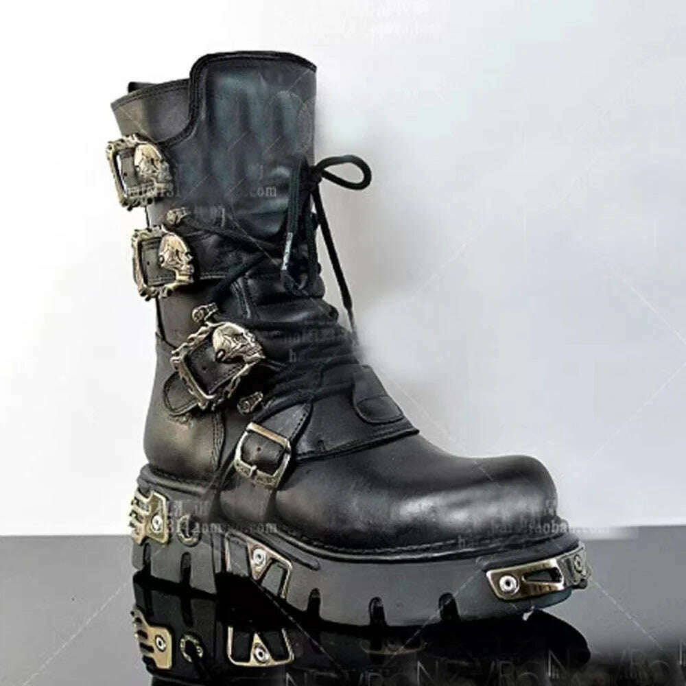 KIMLUD, Men's Fashion Genuine Leather Motorcycle Boots Gothic Skull Punk Boots Design Rock Women Mid-calf Boots Metallic Combat Boot48, KIMLUD Womens Clothes