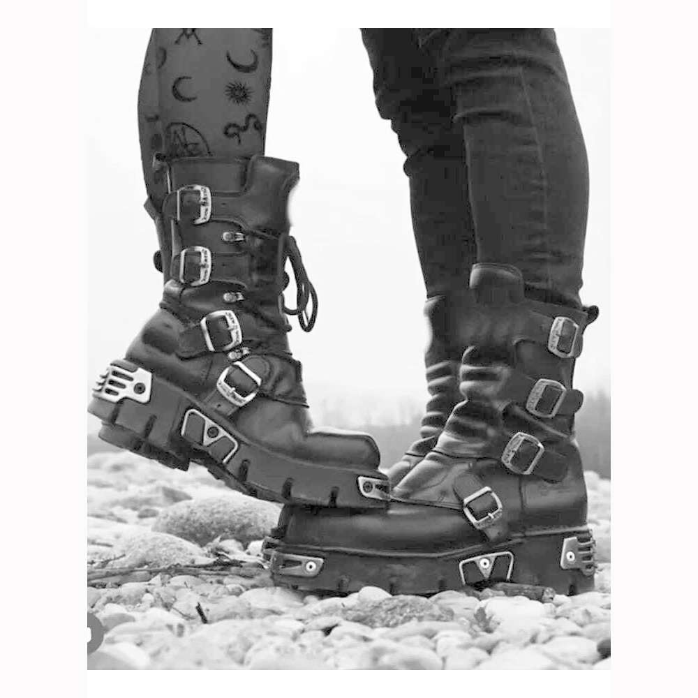 KIMLUD, Men's Fashion Genuine Leather Motorcycle Boots Gothic Skull Punk Boots Design Rock Women Mid-calf Boots Metallic Combat Boot48, 607Day buckle / 35, KIMLUD Womens Clothes