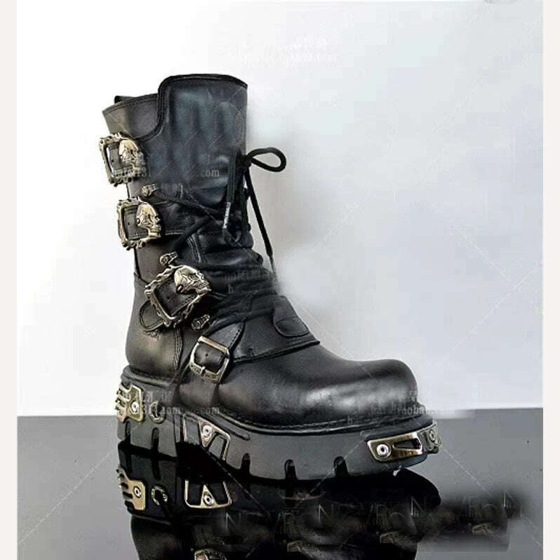 KIMLUD, Men's Fashion Genuine Leather Motorcycle Boots Gothic Skull Punk Boots Design Rock Women Mid-calf Boots Metallic Combat Boot48, KIMLUD Womens Clothes